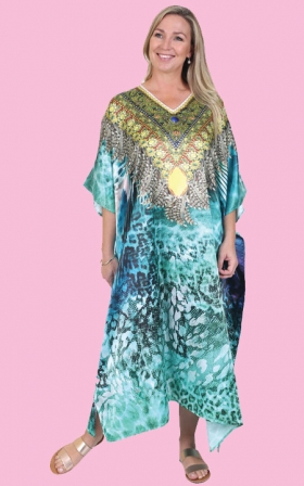 Satin Caftan Emerald Leopard