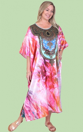 Pink Feather Satin Caftan