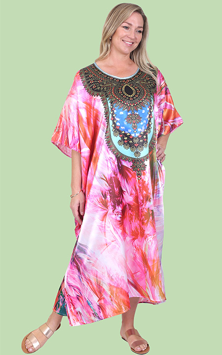 Health Pride - Pink Feather Satin Caftan